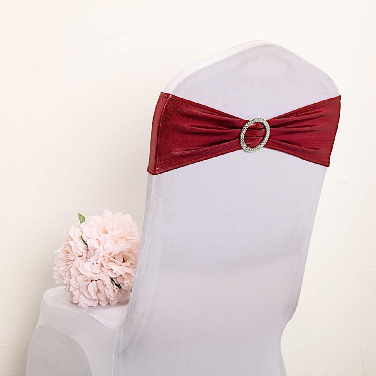 Metallic Silver Spandex Chair Sashes with Round Buckles for Wedding Decor